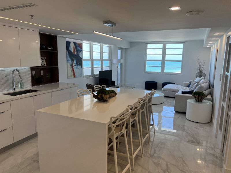 living and dining room with direct  ocean view 