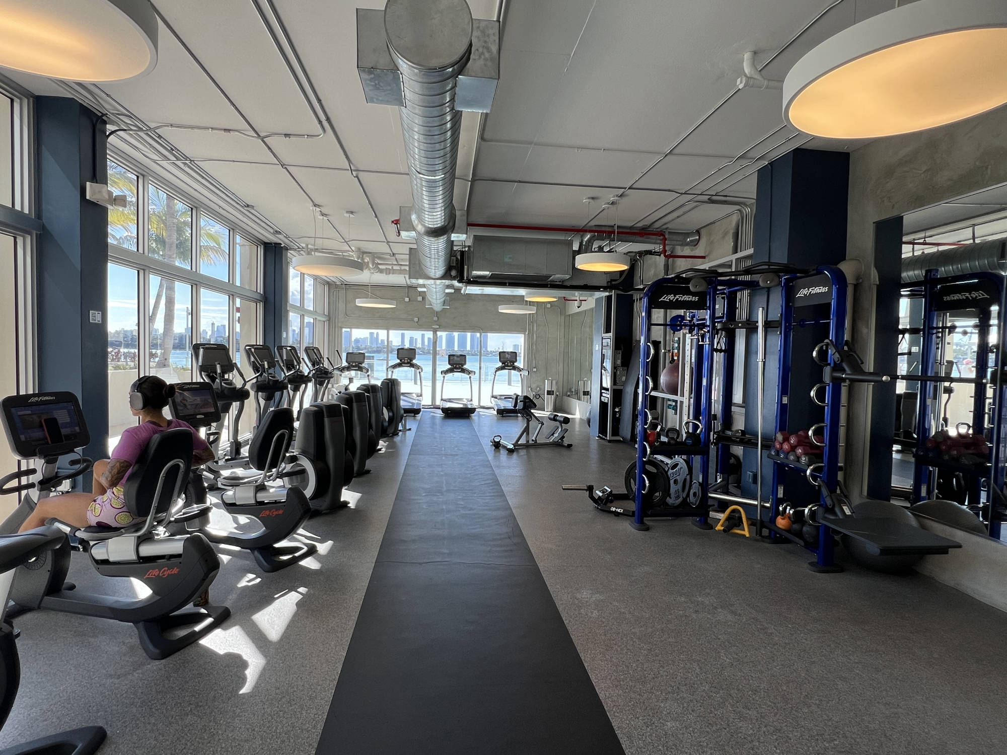 gym with water view