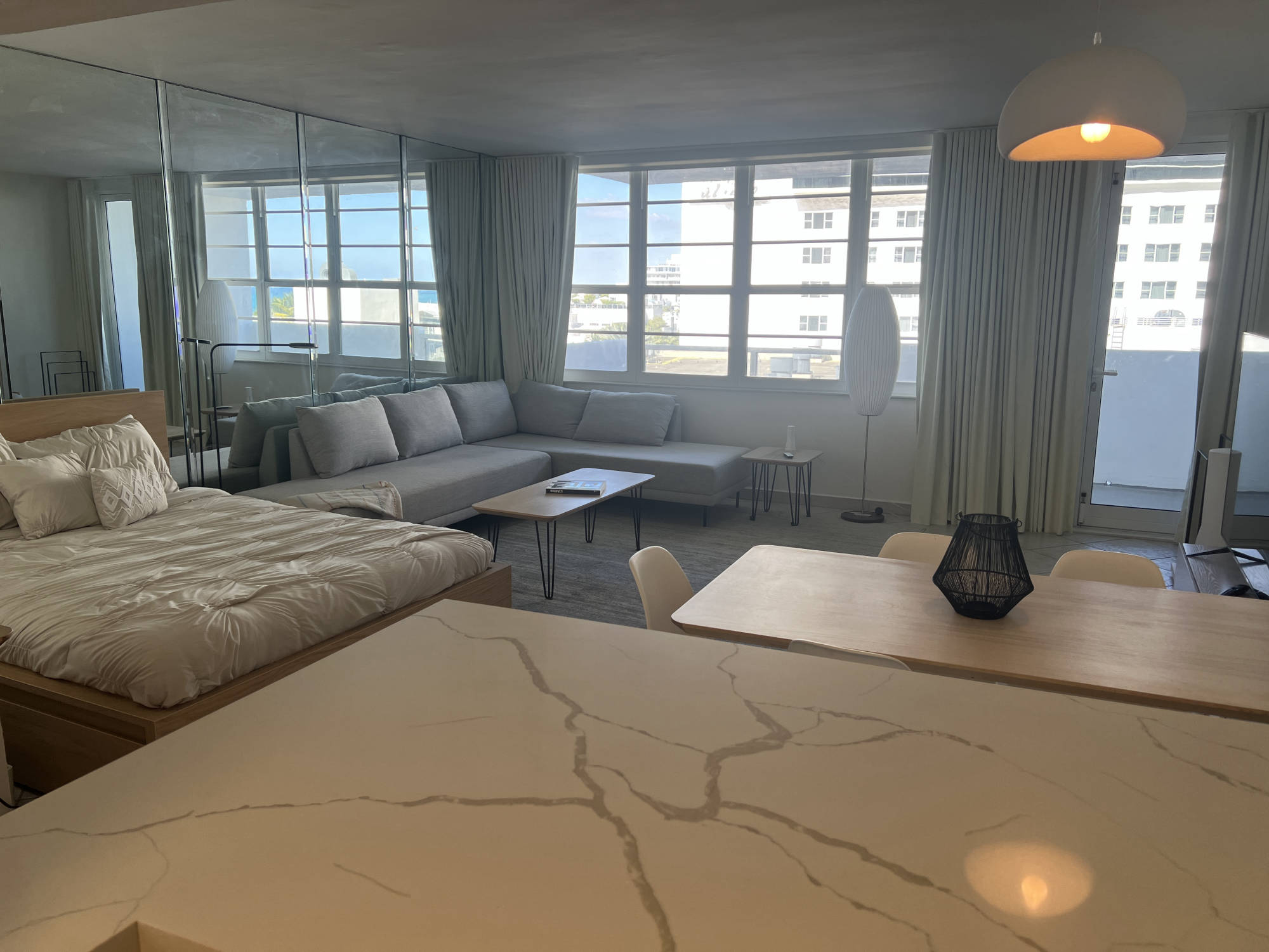 living room seen from kitchen with Ritz Carlton Hotel