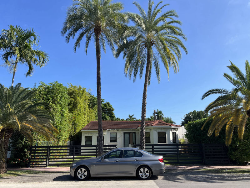 villa with palm trees seen from street